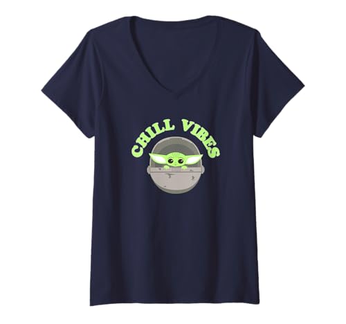 Damen Star Wars: The Mandalorian Chill Vibes Cute Grogu Green Logo T-Shirt mit V-Ausschnitt von Star Wars
