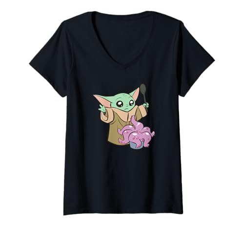 Damen Star Wars: The Mandalorian Cute Grogu Cooking Comic Child T-Shirt mit V-Ausschnitt von Star Wars