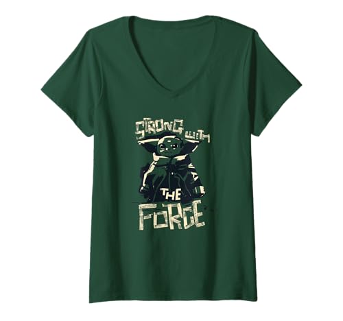 Damen Star Wars: The Mandalorian Cute Grogu Strong With The Force T-Shirt mit V-Ausschnitt von Star Wars