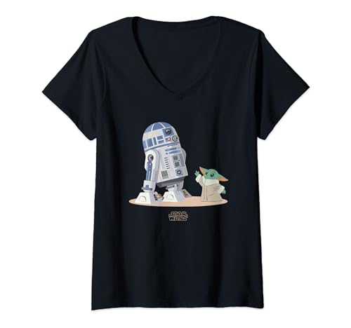 Damen The Mandalorian R2D2 and Grogu T-Shirt mit V-Ausschnitt von Star Wars