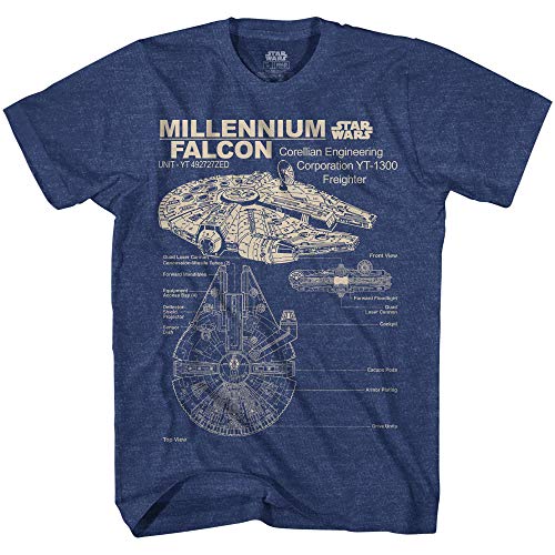 STAR WARS Millennium Falcon Herren T-Shirt mit detailliertem Zeichnen - Blau - X-Large von Star Wars