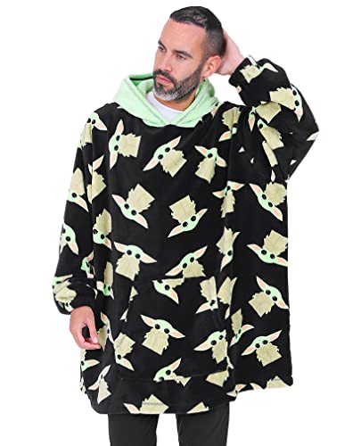 Star Wars The Mandalorian Baby Yoda Herren-Kapuzenpullover, übergroße Fleecedecke, Schwarz, Schwarz , Einheitsgröße von Star Wars