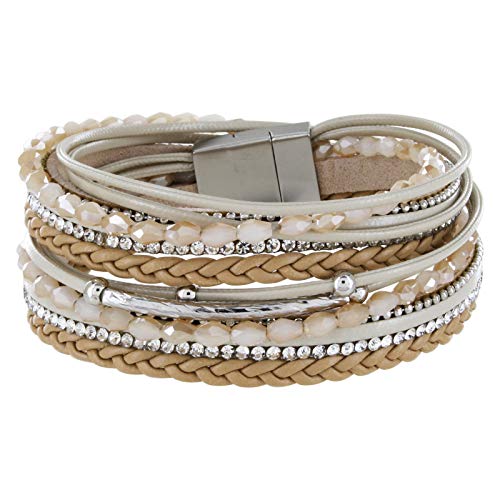 StarAppeal Armband Wickelarmband mit Perlen, Strass, Ketten und Flechtelement, Magnetverschluss Silber Matt, Damen Armband (Hellbraun) von StarAppeal