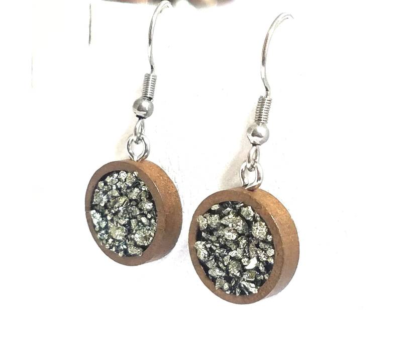 Exklusive Runde Natur Holz Rahmen Pyrit Steine Ohrringe - Tropfen Zierliche Handgemachte Minimalist #2016 von StarBuckJewelry