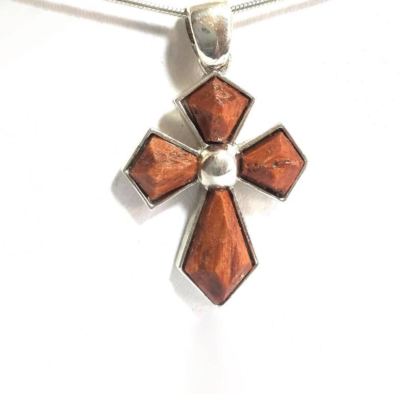 Vintage 925 Sterling Silber Halskette Mit Rotem Eichenholz Kreuz Anhänger - Zierliche Holzanhänger 2028 von StarBuckJewelry