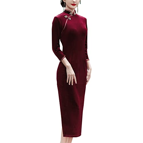 Traditionelles chinesisches Cheongsam-Maxikleid aus Velours, elegant, lange Ärmel, Seitenschlitz, schmale Passform, Qipao-Partykleid, Weinrot, X-Groß Traditionelles chinesisches Cheongsam-Maxikleid aus Velours, elegant, lange Ärmel, Seitenschlitz, schmale Passform, Qipao-Partykleid, Weinrot, X-Groß von StarDY