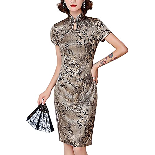 Vintage Blumendruck Midi Cheongsam Qipao Kleid Mandarinenkragen Schlüsselloch Kurzarm chinesischer Stil Partykleid, grau, Groß Vintage Blumendruck Midi Cheongsam Qipao Kleid Mandarinenkragen Schlüsselloch Kurzarm chinesischer Stil Partykleid, grau, Groß von StarDY