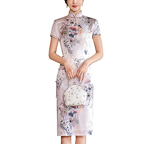Vintage Floral Print Midi Cheongsam Qipao Kleid Mandarinenkragen Schlüsselloch Kurzarm Chinesischer Stil Partykleid, rose, Mittel von StarDY