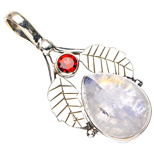 StarGems natürlich Regenbogen-Mondstein-Granat-Blatt Handgefertigter Anhänger aus 925er Sterlingsilber 3.81cm E3519-3 von StarGems