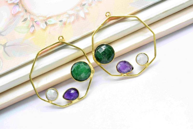 Natürlicher Smaragd Runde Form Anhänger, Multi Stein Komponente, Amethyst Teardrop Mondstein Runder Sechseck Schmuck von StarGemsIN