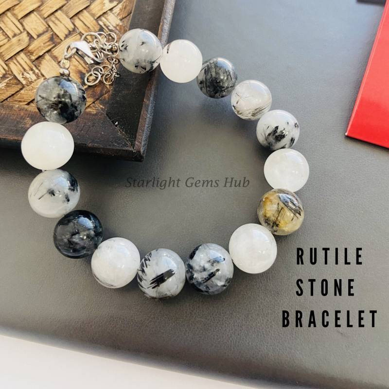 Hochwertige Aaa Rutilperlen Armband-12, 5 Mm Glatte Runde Chunky Perlenarmband-Handmade Armband-Schwarz Rutil-Weiß Rutil-Valentinstag Geschenke von StarLightGemsHub