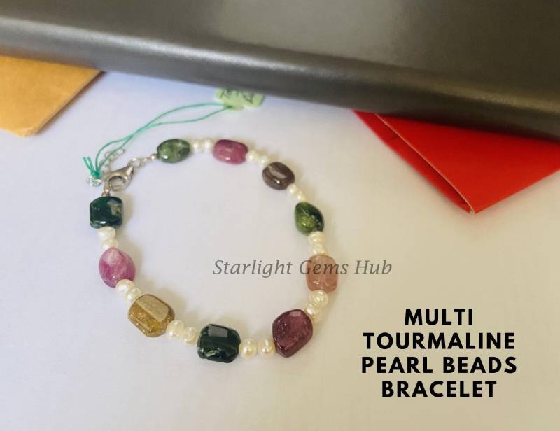 Würdevolle Aaa Multi Turmalin Mit Weiße Perle Armband-Zierliche Armband-Tumble Turmalin-Glatte Rondell Perlen Perlen-Besondere Geschenke von StarLightGemsHub