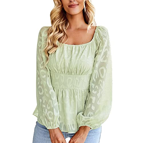 Damen Frauen Langarm Bluse Rüschen Elegant Quadratischer Ausschnitt Spitze Tops Casual Shirts, grün, Small von StarTreene