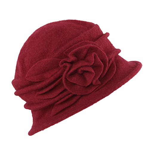 StarTreene 1920s Retro Hut Damen Winterhut Vintage Wollhut Blume Form Filzhut Fedorahüte Glockenhut Bowler Hut Melone Hut 58cm Rot von StarTreene