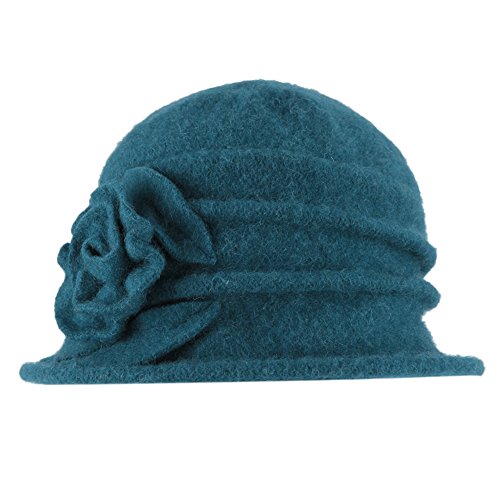 StarTreene 1920s Retro Hut Damen Winterhut Vintage Wollhut Blume Form Filzhut Fedorahüte Glockenhut Bowler Hut Melone Hut 58cm blau von StarTreene