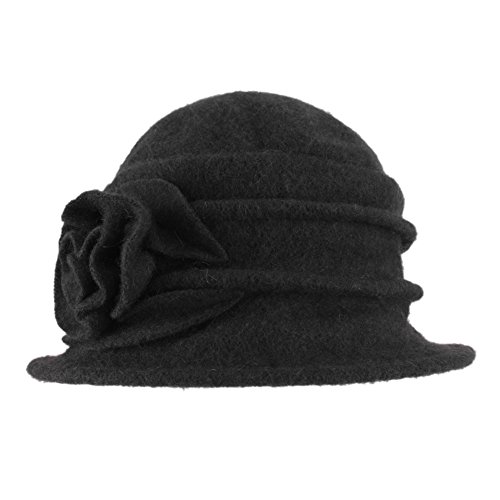 StarTreene 1920s Retro Hut Damen Winterhut Vintage Wollhut Blume Form Filzhut Fedorahüte Glockenhut Bowler Hut Melone Hut 58cm schwarz von StarTreene