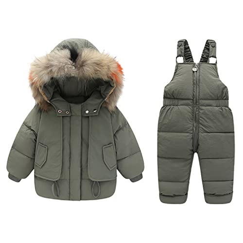 StarTreene 2tlg Baby Schneeanzug Mädchen Jungen Daunenanzug mit Fellkapuze Kleinkind Winterjacke + Skihose Kinderskianzug Winter Outfit Sets Grün 9-18 Monate von StarTreene