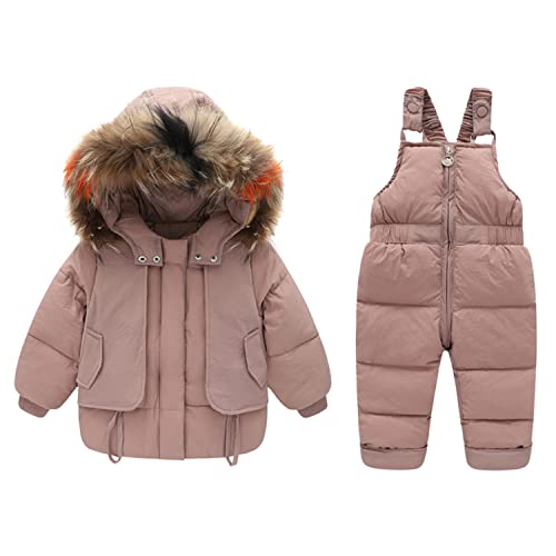 StarTreene 2tlg Baby Schneeanzug Mädchen Jungen Daunenanzug mit Fellkapuze Kleinkind Winterjacke + Skihose Kinderskianzug Winter Outfit Sets Rosa 2-3 Jahre von StarTreene