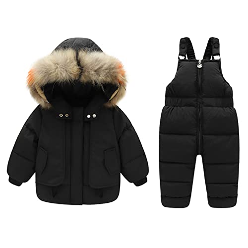 StarTreene 2tlg Baby Schneeanzug Mädchen Jungen Daunenanzug mit Fellkapuze Kleinkind Winterjacke + Skihose Kinderskianzug Winter Outfit Sets Schwarz 3-4 Jahre von StarTreene