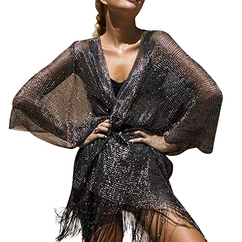 StarTreene Damen Bikini Cover Up Beachwear Glänzend Strand Cover Ups Quaste Tunika Tops, Schwarz , onesize von StarTreene