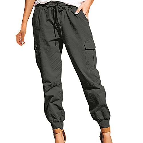 StarTreene Damen Cargo-Hose Lang mit Taschen Hosen Mode Loose Casual Freizeithose mit Gummizug Baumwolle Stoffhose Hohe Taille Arbeitshose Militärhose von StarTreene