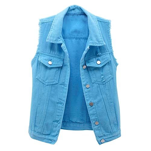 StarTreene Damen Jeansweste ärmellos Beiläufige Knopfleiste Kurz Denim Weste Slim fit einfach Revers Jacke mit Brusttaschen Blau L von StarTreene