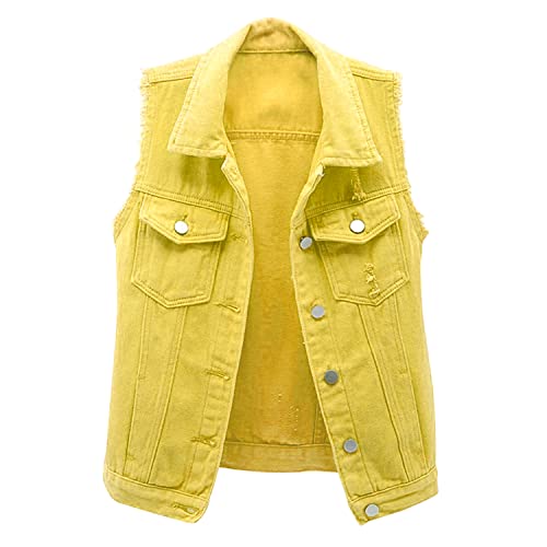 StarTreene Damen Jeansweste ärmellos Beiläufige Knopfleiste Kurz Denim Weste Slim fit einfach Revers Jacke mit Brusttaschen Gelb 3XL von StarTreene