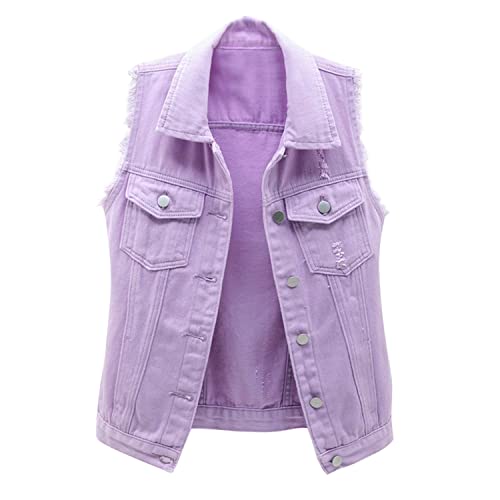 StarTreene Damen Jeansweste ärmellos Beiläufige Knopfleiste Kurz Denim Weste Slim fit einfach Revers Jacke mit Brusttaschen Lila L von StarTreene