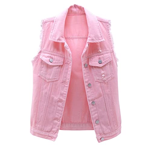 StarTreene Damen Jeansweste ärmellos Beiläufige Knopfleiste Kurz Denim Weste Slim fit einfach Revers Jacke mit Brusttaschen Rosa L von StarTreene