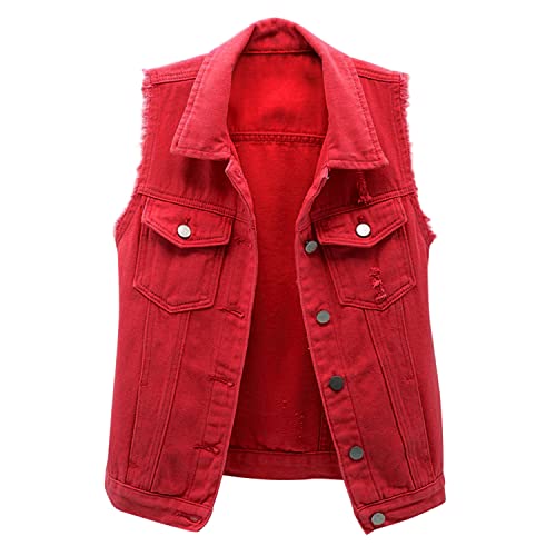 StarTreene Damen Jeansweste ärmellos Beiläufige Knopfleiste Kurz Denim Weste Slim fit einfach Revers Jacke mit Brusttaschen Rot 2XL von StarTreene