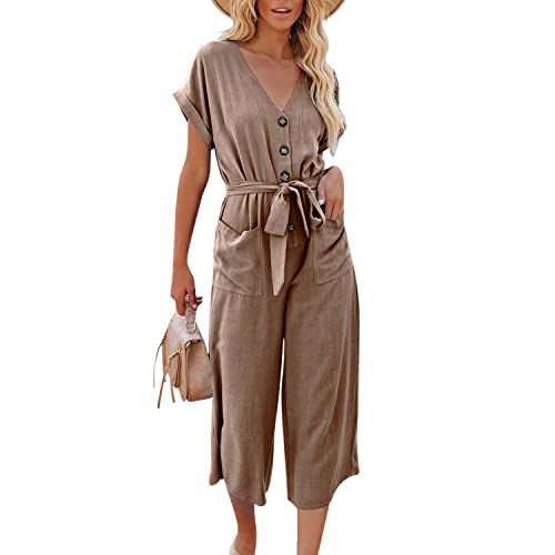 StarTreene Damen Jumpsuit Sommer V Ausschnitt Overalls lang Kurzarm Strampler mit Gürtel Causal Hosenanzug Khaki M von StarTreene