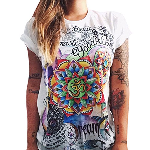 StarTreene Damen Mädchen Sommer Shirt T-Shirt mit Bedruckt Kurzarm Oberteil Top Loose Fit Bluse Shirts Rundhals weiß EU40 ＃Stil E von StarTreene