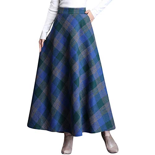 StarTreene Damen Midi-Rock Elegant Herbst Winter A-Line Rock Lange Rockabilly Kariert Elastische Taille mit Taschen EU34 blau von StarTreene