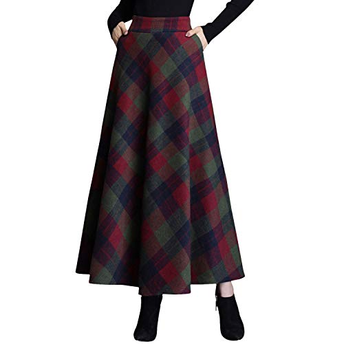 StarTreene Damen Midi-Rock Elegant Herbst Winter A-Line Rock Lange Rockabilly Kariert Elastische Taille mit Taschen EU40 Grün von StarTreene