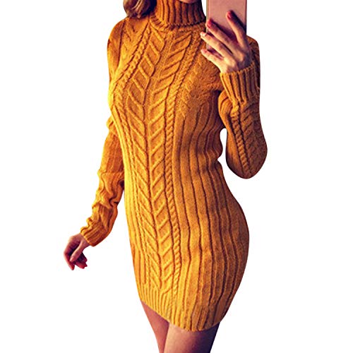 StarTreene Damen Pulloverkleid Winter Langarm Lange Pullover Sweatkleid Rollkragen Zopfmuster Strickkleid Basic Etuikelid Strickpullover von StarTreene