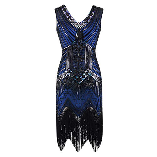 StarTreene Damen Retro 1920er Stil Flapper Kleider V Ausschnitt 20er Jahre Fransen Kleid ärmellos Paillettenkleider Party Fasching Cocktailkleid Kostüm Kleid Blau 32 von StarTreene