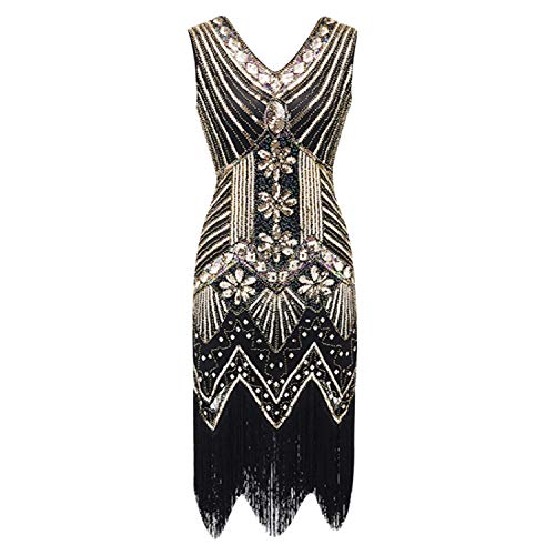StarTreene Damen Retro 1920er Stil Flapper Kleider V Ausschnitt 20er Jahre Fransen Kleid ärmellos Paillettenkleider Party Fasching Cocktailkleid Kostüm Kleid Farbe 2 34 von StarTreene