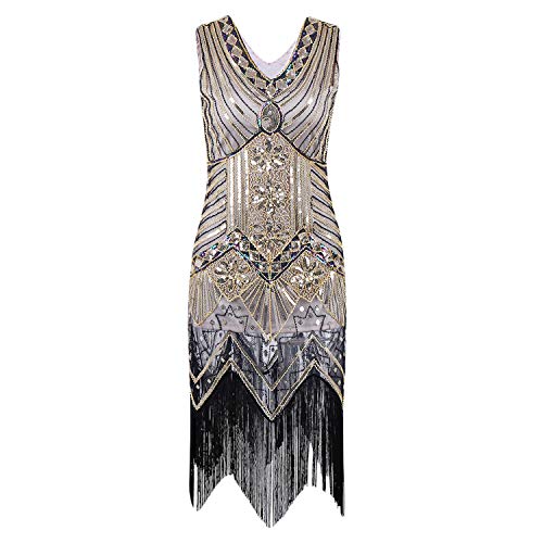 StarTreene Damen Retro 1920er Stil Flapper Kleider V Ausschnitt 20er Jahre Fransen Kleid ärmellos Paillettenkleider Party Fasching Cocktailkleid Kostüm Kleid Gold 38 von StarTreene