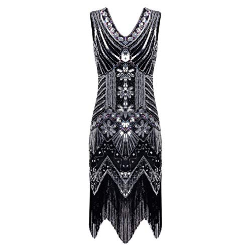 StarTreene Damen Retro 1920er Stil Flapper Kleider V Ausschnitt 20er Jahre Fransen Kleid ärmellos Paillettenkleider Party Fasching Cocktailkleid Kostüm Kleid Schwarz 32 von StarTreene