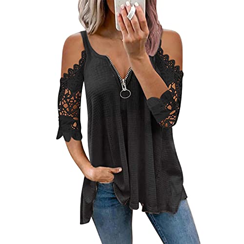 StarTreene Damen Sommer Shirt Rundhals Sexy Elegant Casual Loose Oberteile Spitzenärme Bluse Reißverschluss T-Shirt Schulterfrei Tunicas Tops von StarTreene