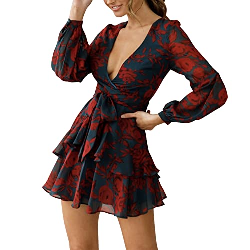 StarTreene Damen-Sommerkleid mit V-Ausschnitt, Blumendruck, Strandkleid, niedliches Minikleid mit Bindegürtel, Blau und Rot, L von StarTreene