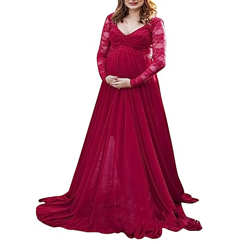 StarTreene Damen Umstandskleid Schwangere Fotografie Requisiten Mutterschaft Fotoshooting Schulterfrei Langarm Übergröße für Sommer Frühling, Rot 3, Small von StarTreene