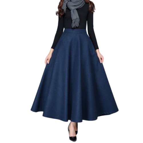 StarTreene Damen Winter Wollrock Lang hohe Taille A-Line Plisserock mit Taschen Vintage Rock Elegant Winterrock Herbst Warm Maxirock (Blau, EU 42 = Etikett 2XL) von StarTreene