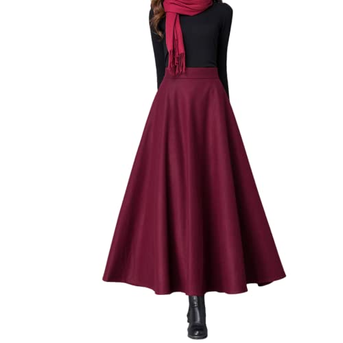 StarTreene Damen Winter Wollrock Lang hohe Taille A-Line Plisserock mit Taschen Vintage Rock Elegant Winterrock Herbst Warm Maxirock (Rot, EU 40 = Etikett XL) von StarTreene