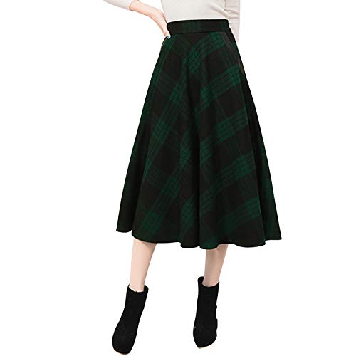 StarTreene Damen Wollrock Lang Rock Winter Kariert Faltenrock Plaid Midi Rock mit Taschen Vintage Hohe Taille Warm A Linie Retro Faltenrock von StarTreene