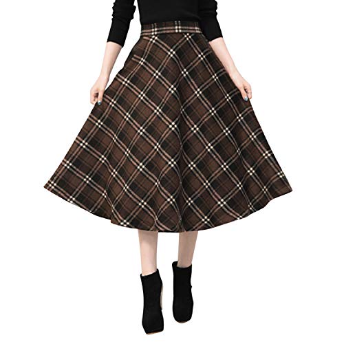 StarTreene Damen Wollrock Lang Rock Winter Kariert Faltenrock Plaid Midi Rock mit Taschen Vintage Hohe Taille Warm A Linie Retro Faltenrock von StarTreene