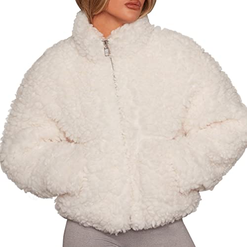 StarTreene Damen flauschiger Kunstfell-Teddymantel mit langen Ärmeln, Reißverschluss, warmer Wintermantel mit Taschen, beige, 10-12 von StarTreene