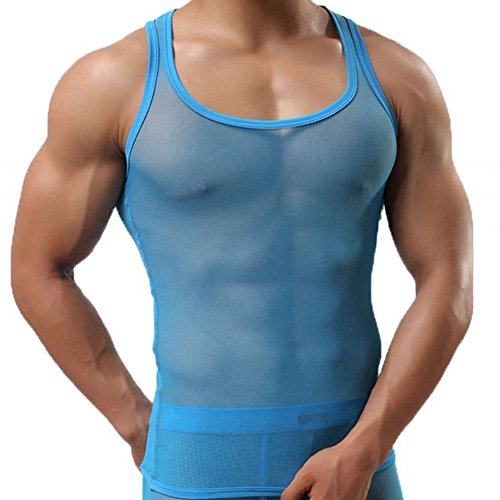 StarTreene Herren Männer Top Netzshirt Netzhemd,Tank Top Netzstop Ärmellos Netzunterhemd Tankshirt Slim Fit Dessous EU 50 blau von StarTreene