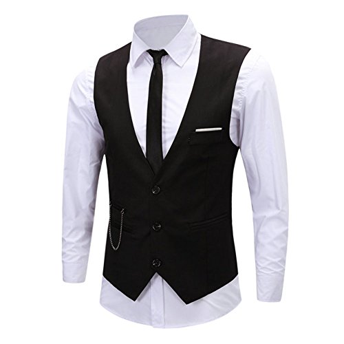 StarTreene Herren Weste ärmellos Business Anzugweste einfarbig V-Aussschnitt mit 3 Knöpfen Party Hochzeit Slim Fit Jacke Schwarz L von StarTreene