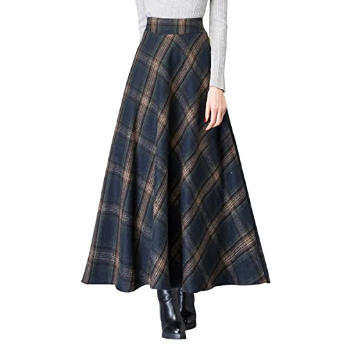 StarTreene Lange Plaid Röcke Frauen Plissee Baumwollmischung A-Linie Winter Warm Tartan Rock Kleid, Kariert 6, XXXL von StarTreene